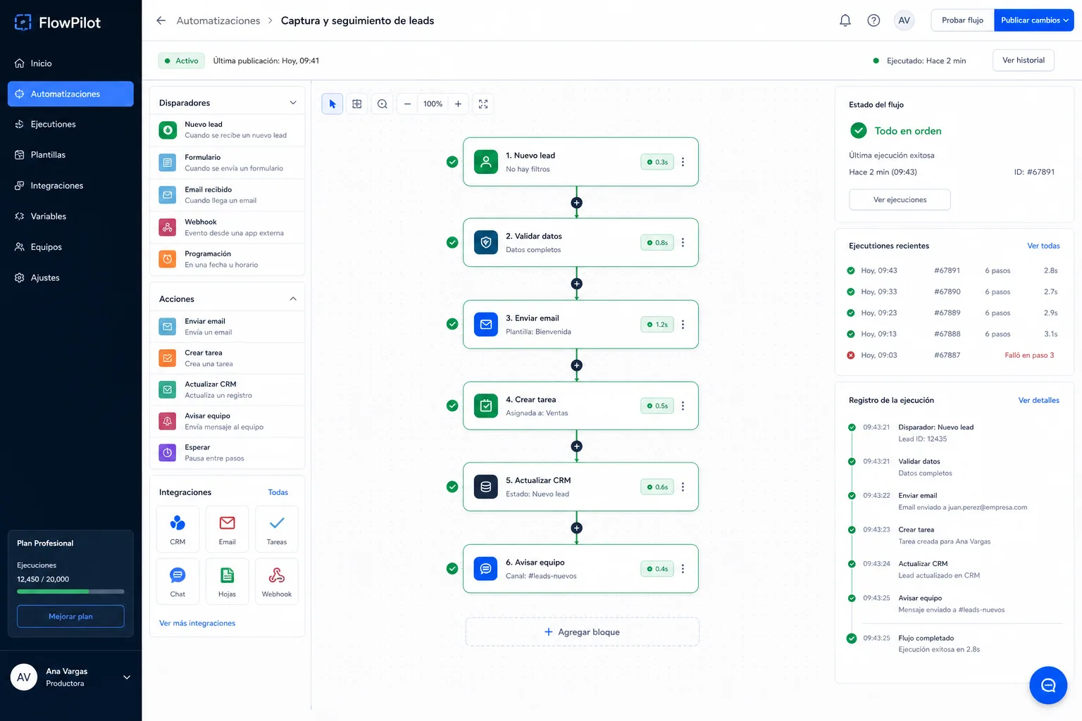 Aplicación inventada de automatizaciones con flujos conectados, disparadores, acciones, integraciones y ejecuciones recientes