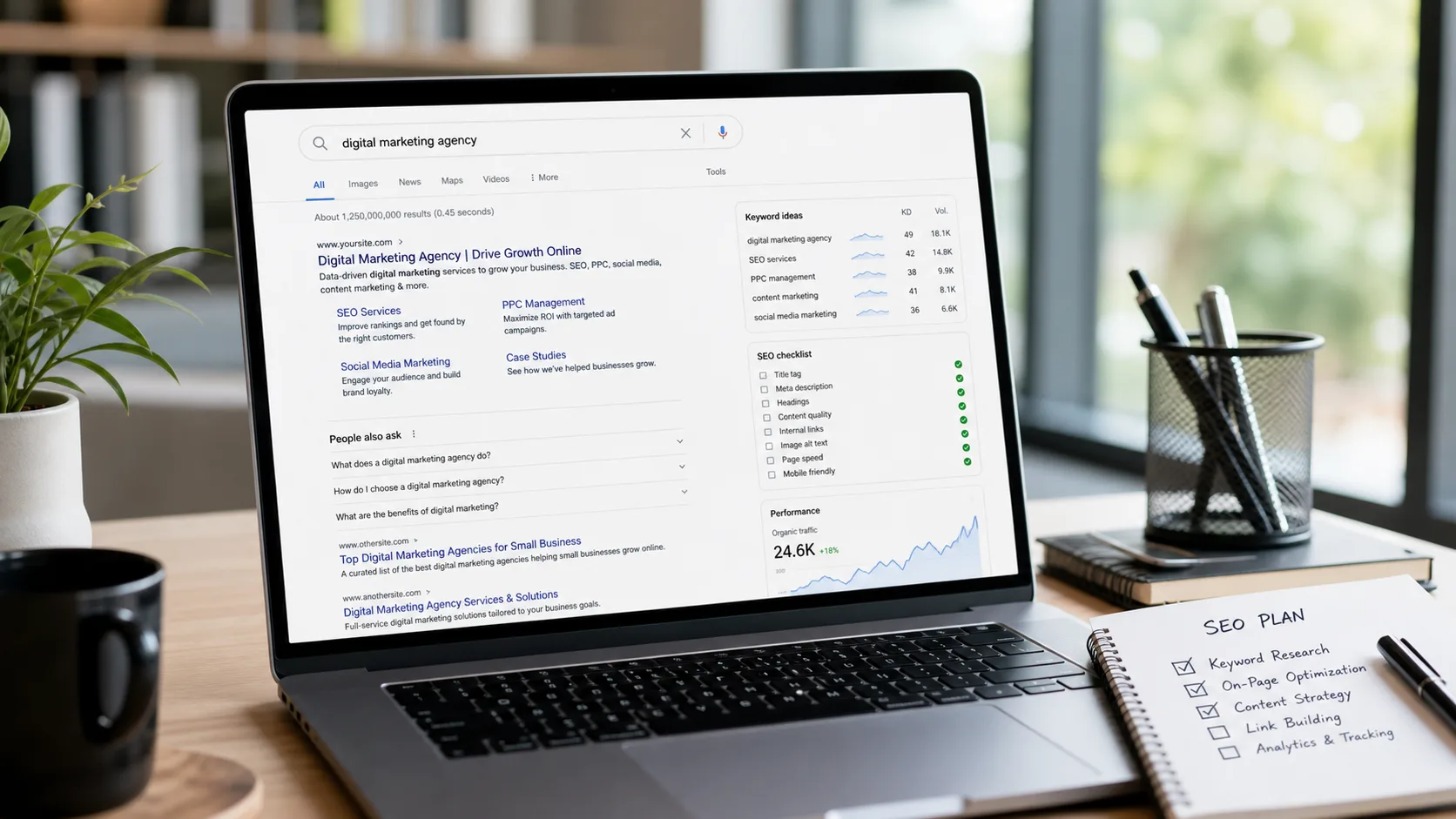Portátil mostrando una página de resultados de búsqueda, checklist SEO, palabras clave y gráfica de crecimiento orgánico