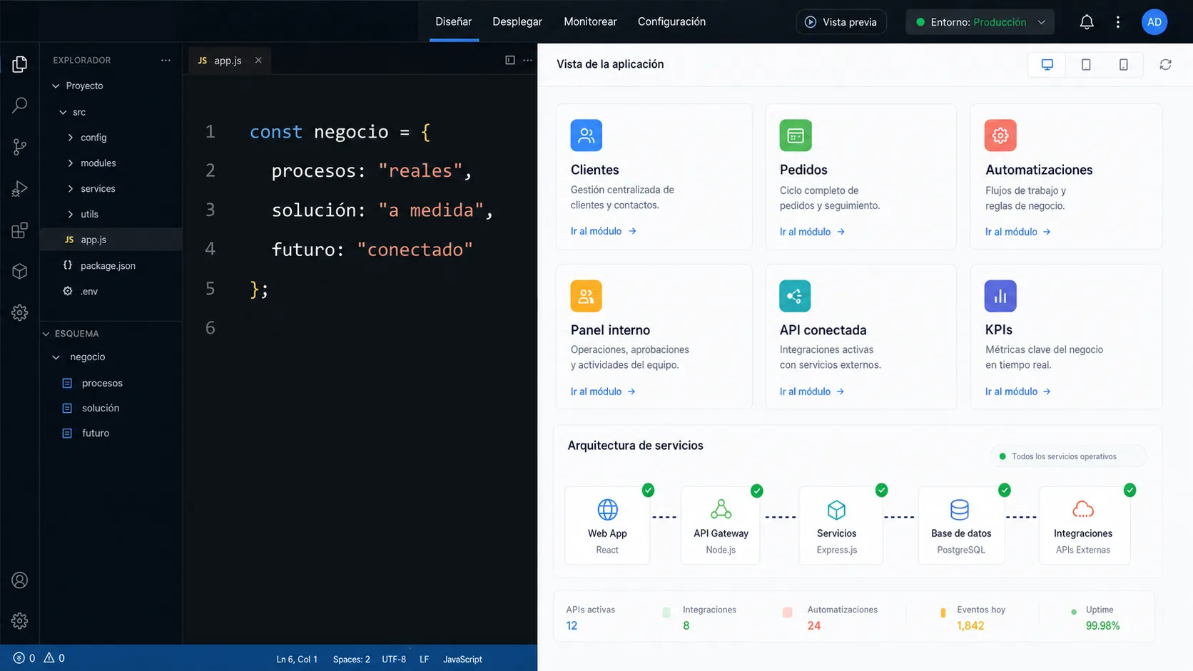 Aplicación de software a medida con editor de código JavaScript, módulos de negocio, arquitectura de servicios y paneles de operación