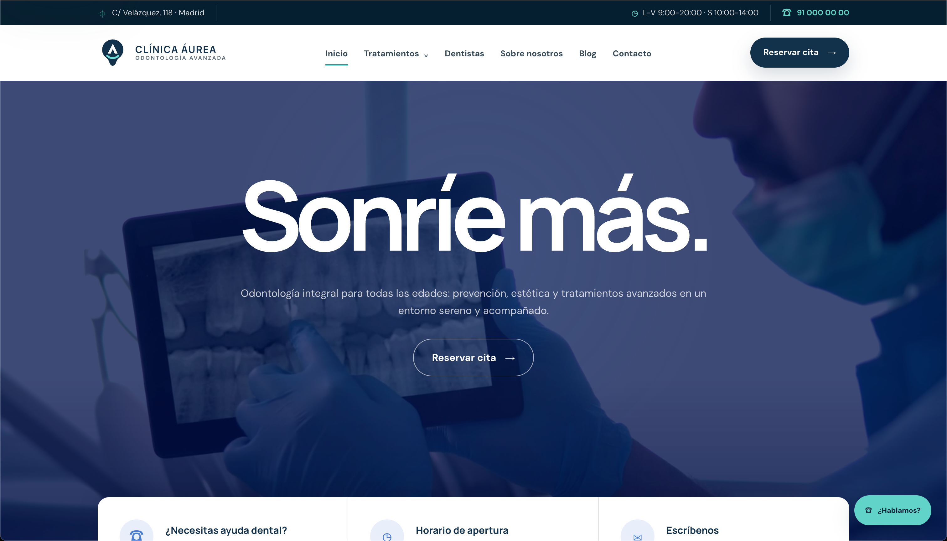 Captura de una página web profesional para una clínica dental con navegación, llamada a la acción y hero visual